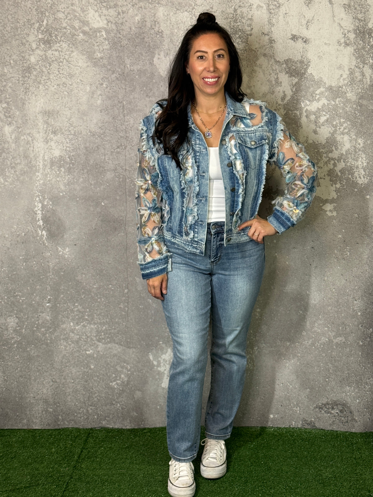 Denim and Sheer Floral Jacket