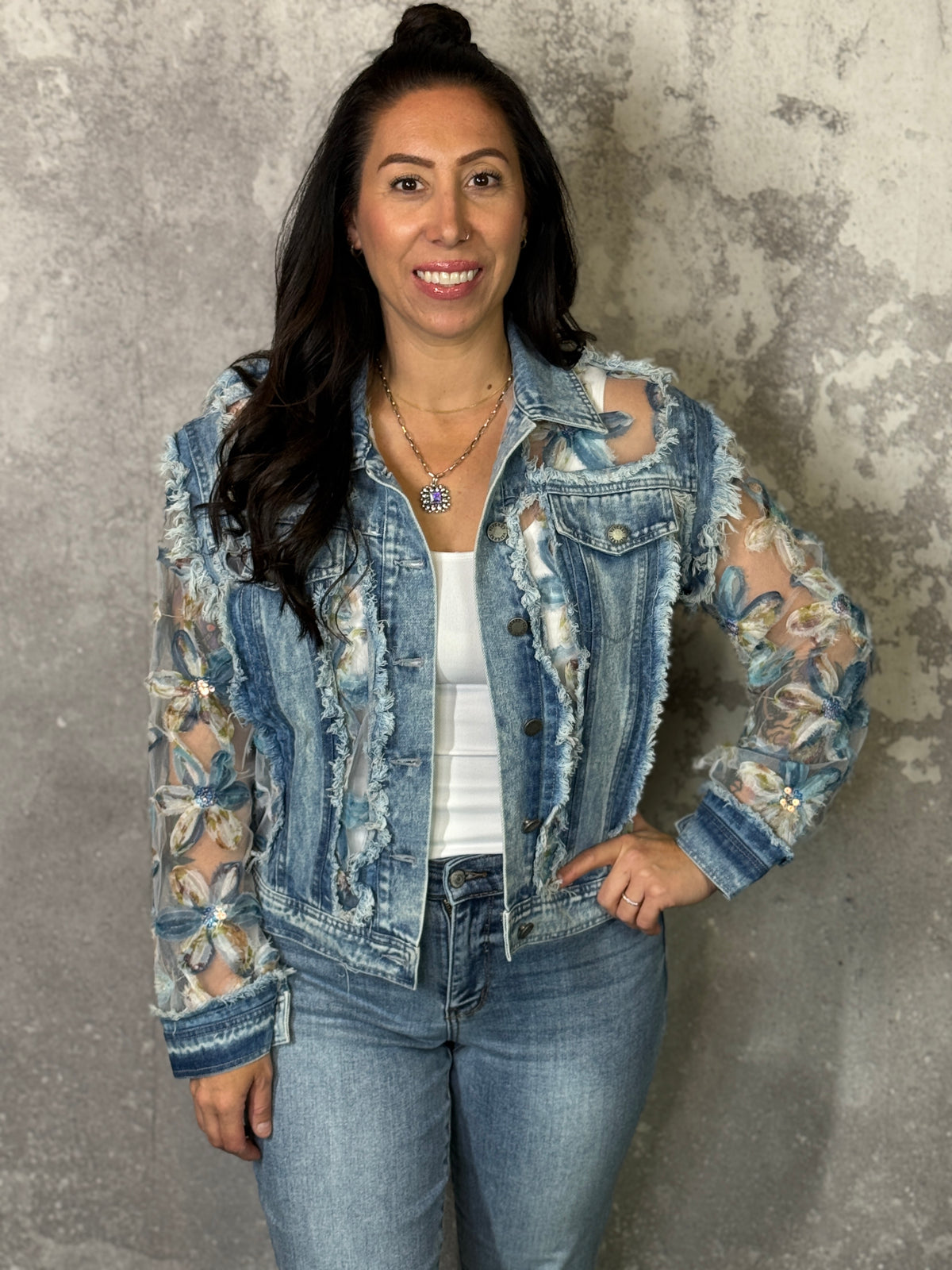 Denim and Sheer Floral Jacket