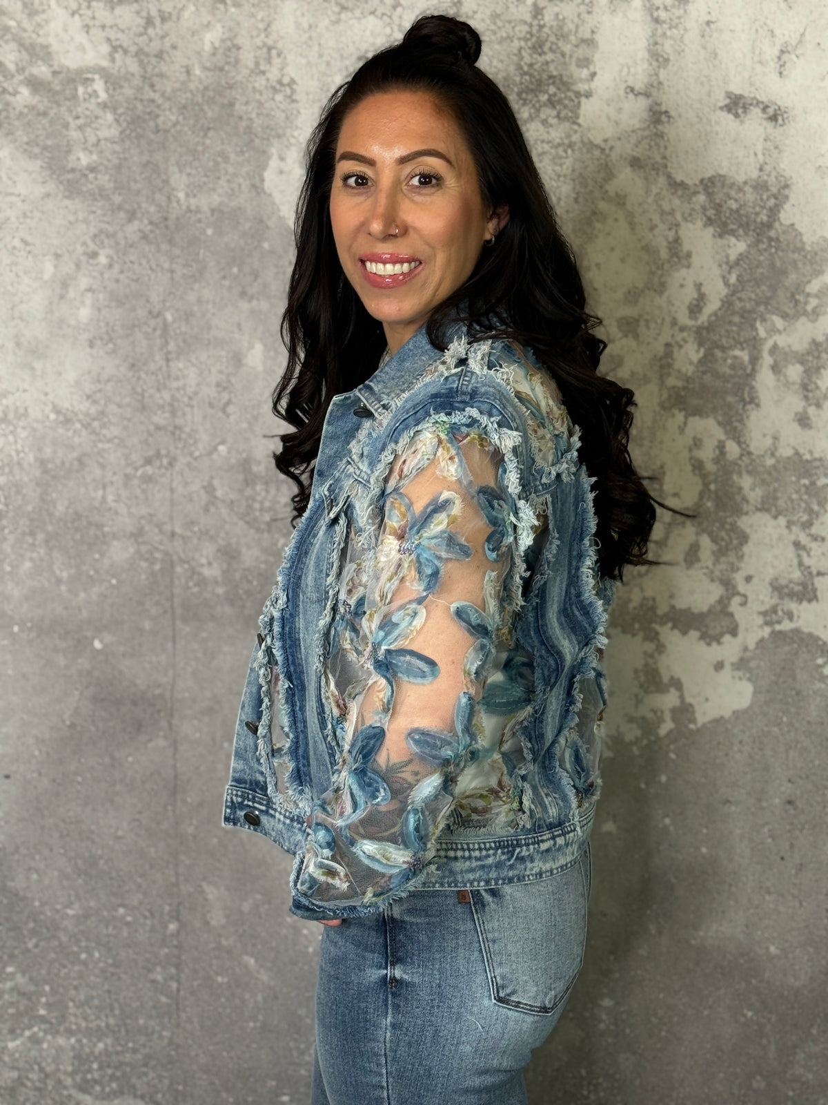 Denim and Sheer Floral Jacket