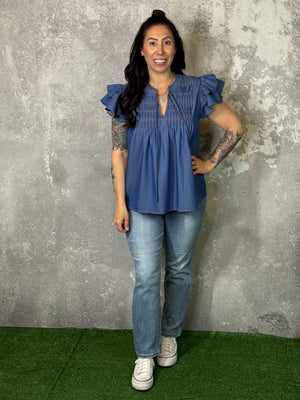 Denim Pleat Ruffle Top (Small - 2X)