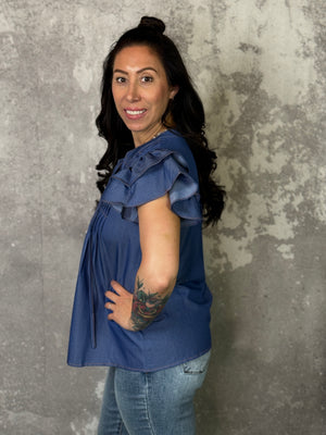 Denim Pleat Ruffle Top (Small - 2X)