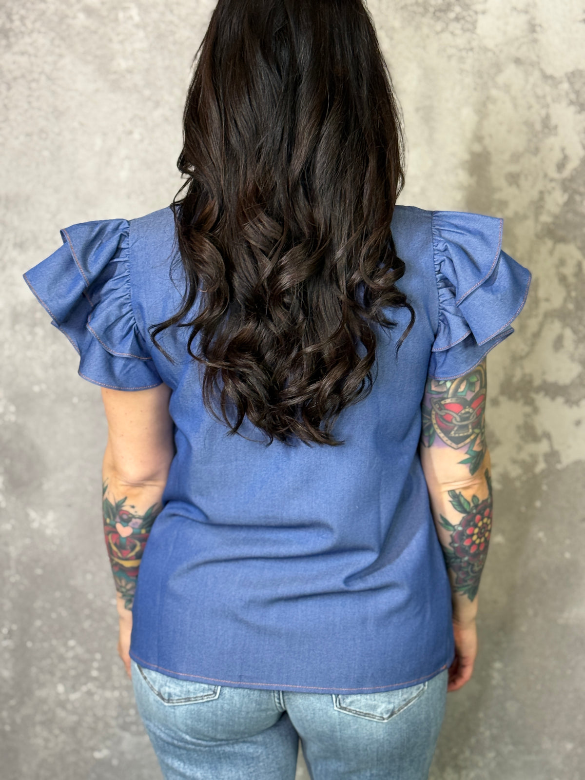 Denim Pleat Ruffle Top (Small - 2X)