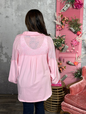 Bubblegum Pink Eyelet Lace Sweatshirt Top