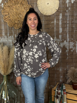 Grey Floral Long Sleeve Blouse