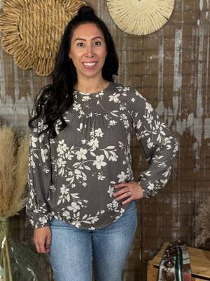 Grey Floral Long Sleeve Blouse