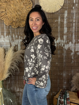 Grey Floral Long Sleeve Blouse