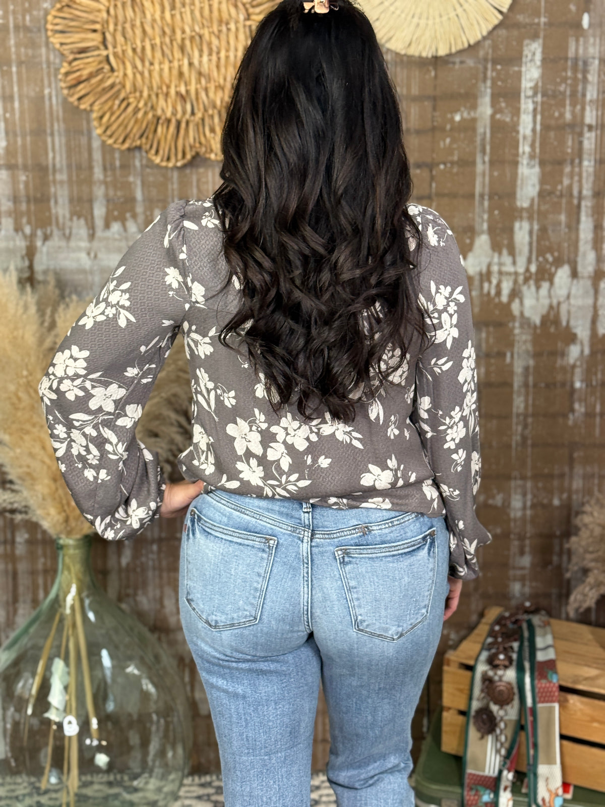Grey Floral Long Sleeve Blouse