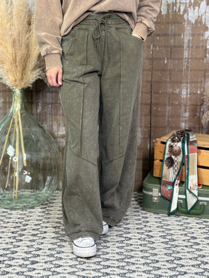 Mineral Wash Wide Leg Pants - Olive (Small - 3X)