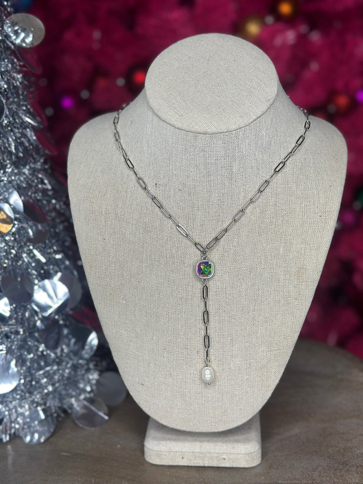 Silver Pearl Drop Necklace with Austrian AB Crystal