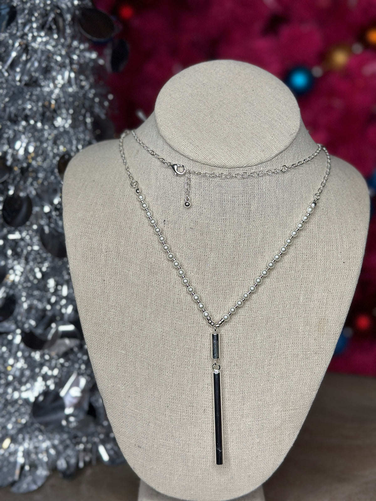 Long Silver Pearl Necklace