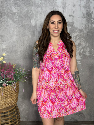 Lizzie Wrinkle Free Pattern Tank Dress - Pink Geo Print (Small - 3X)