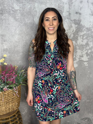 Lizzie Wrinkle Free Pattern Tank Dress - Navy Multi Floral Paisley (Small - 3X)