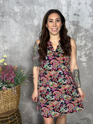 Lizzie Wrinkle Free Pattern Tank Dress - Black Multi Floral Paisley (Small - 3X)