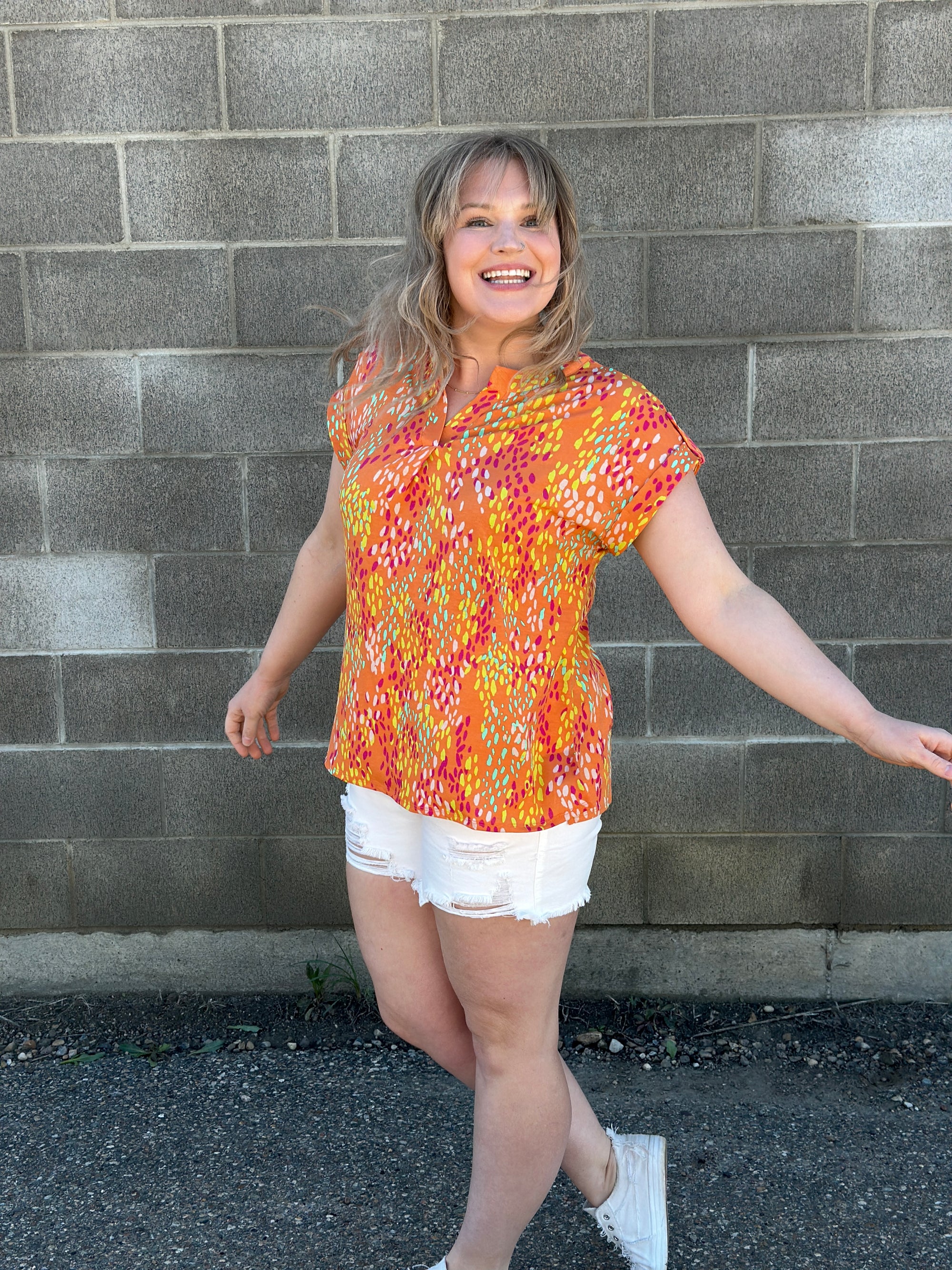 The Wrinkle Free Short Sleeve Lizzie Top - Orange Abstract (Small - 3X)