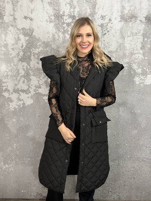 Long Quilted Vest with Ruffle Detail