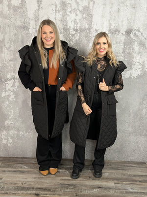 Long Quilted Vest with Ruffle Detail