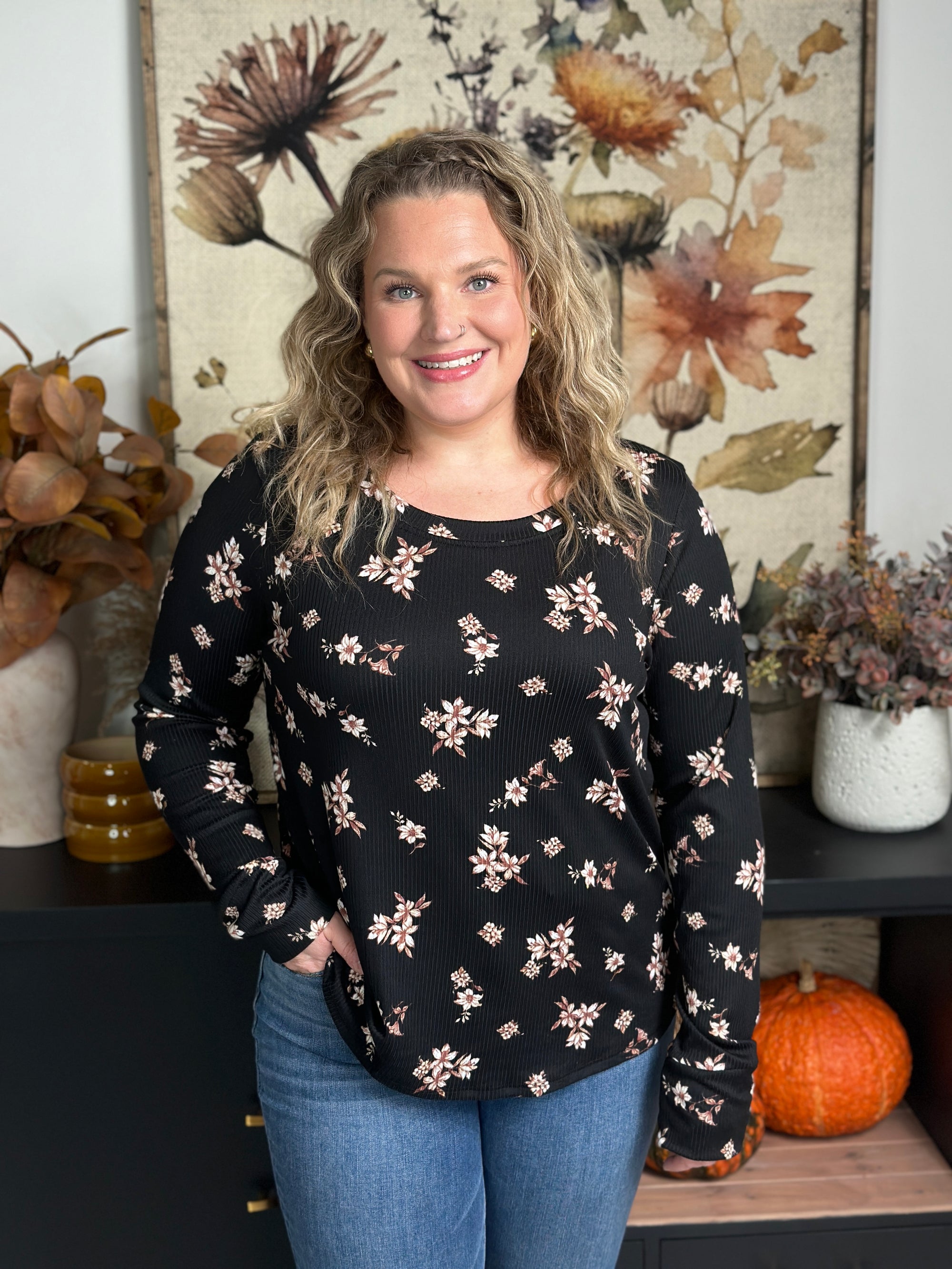Black Floral Long Round neck Long Sleeve (Small - 3X) - FINAL SALE