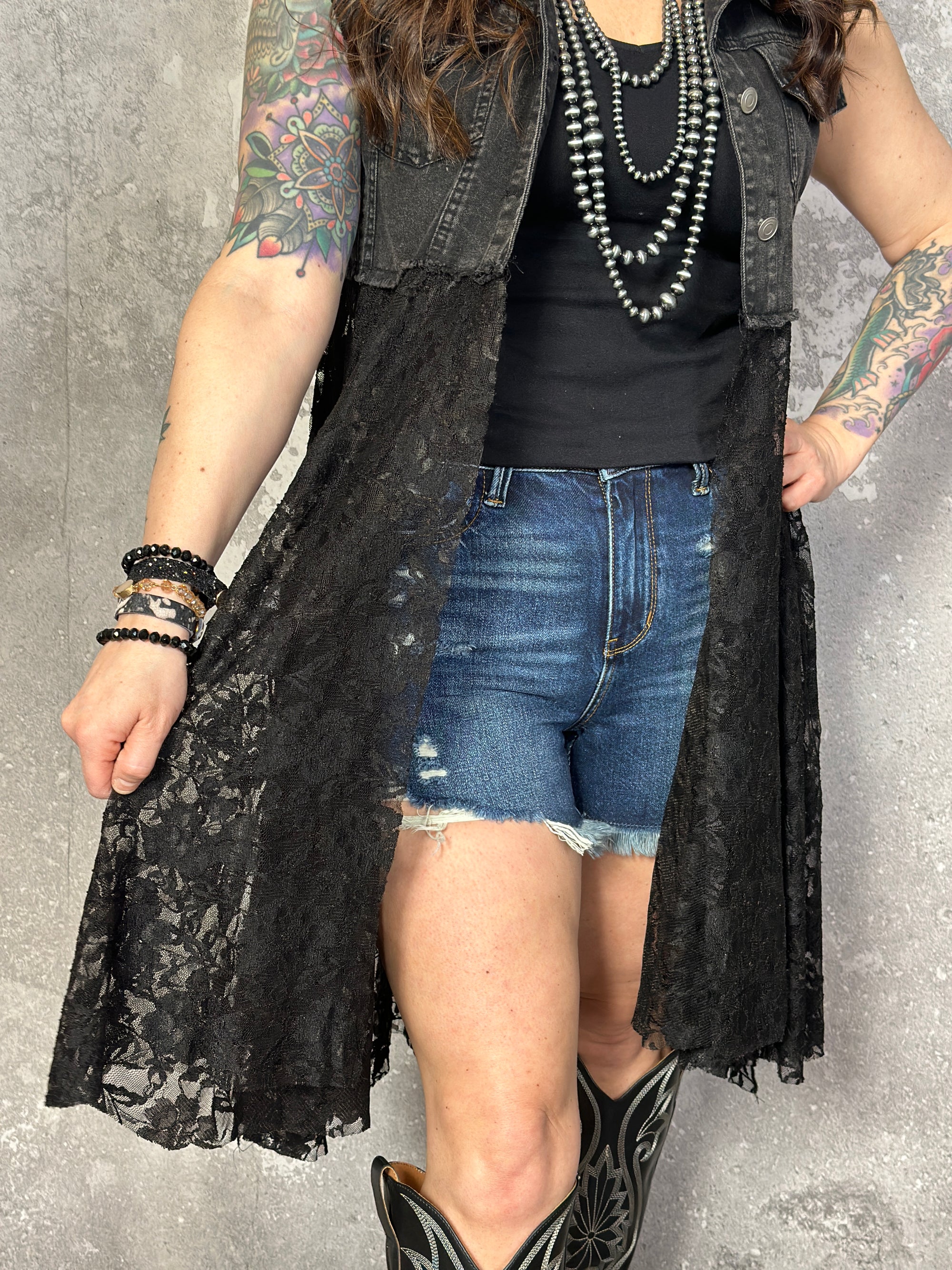 Black Denim and Lace Duster Vest (Small - 2X)