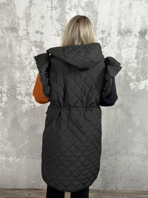 Long Quilted Vest with Ruffle Detail