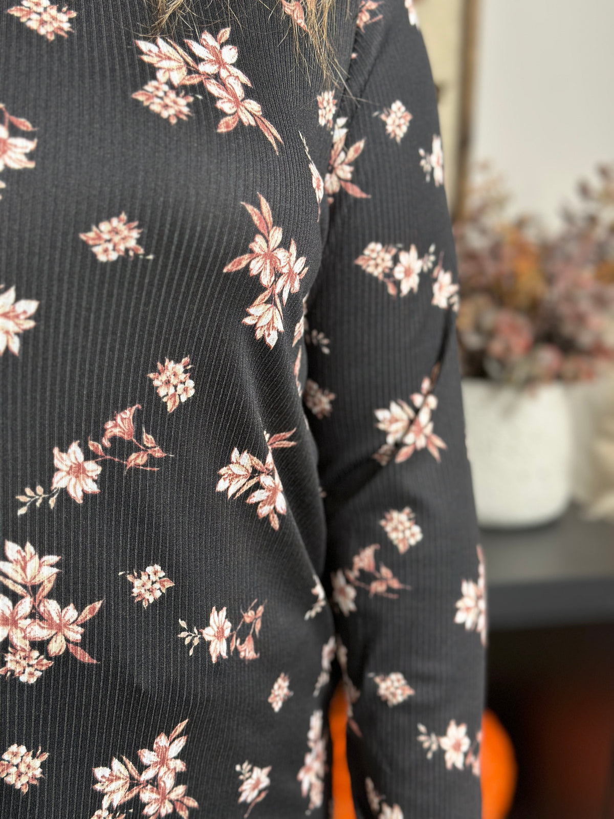 Black Floral Long Round neck Long Sleeve (Small - 3X) - FINAL SALE