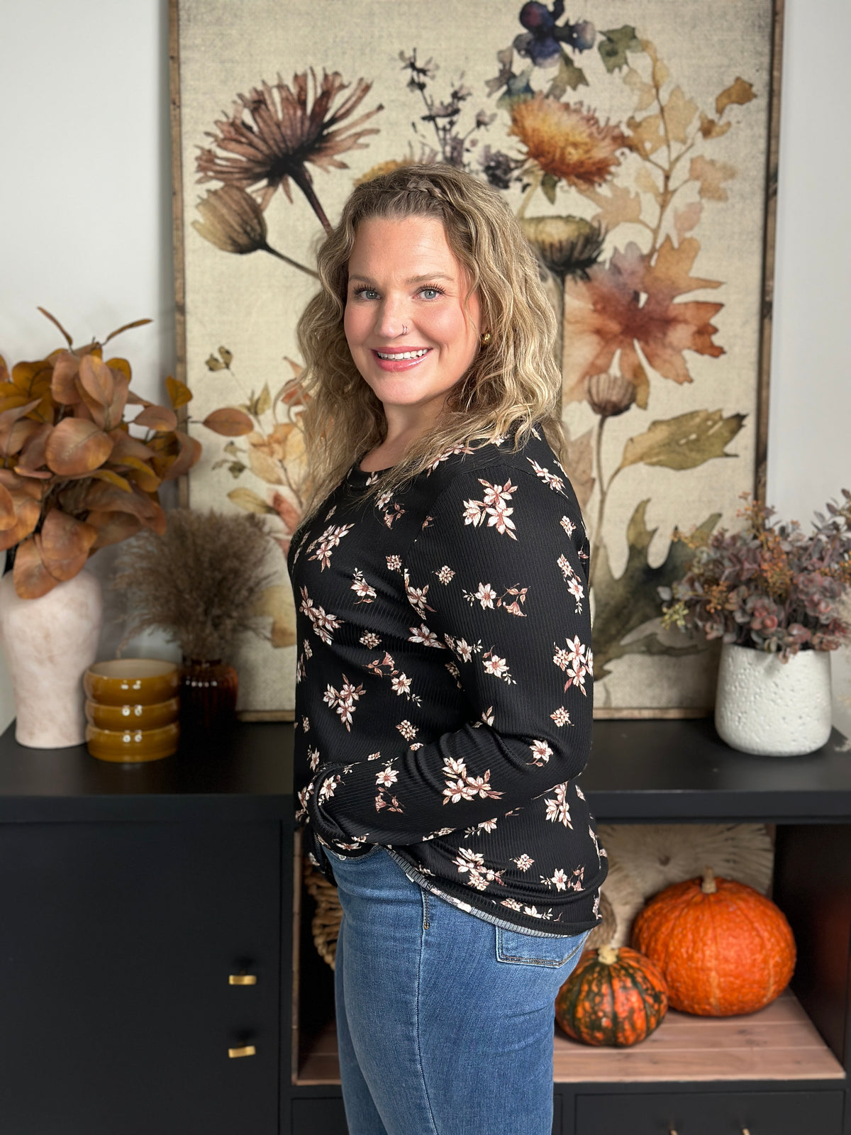 Black Floral Long Round neck Long Sleeve (Small - 3X) - FINAL SALE