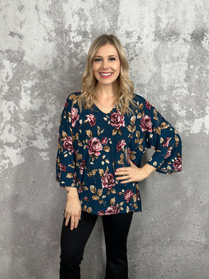 The Wrinkle Free Dark Teal Floral Top (Small - 3X)