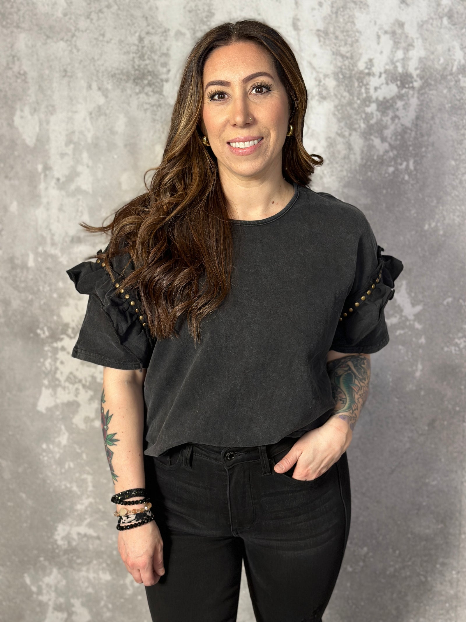 Mineral Wash Studded Sweatshirt Ruffle Tee