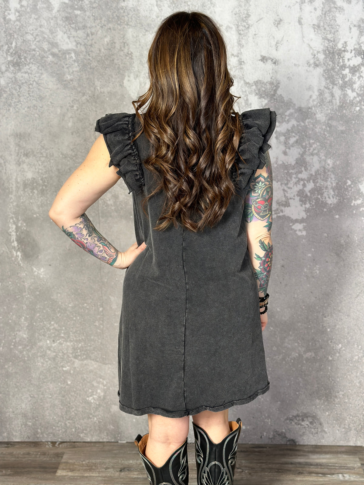 Mineral Wash French Terry Ruffle Sleeve Dress