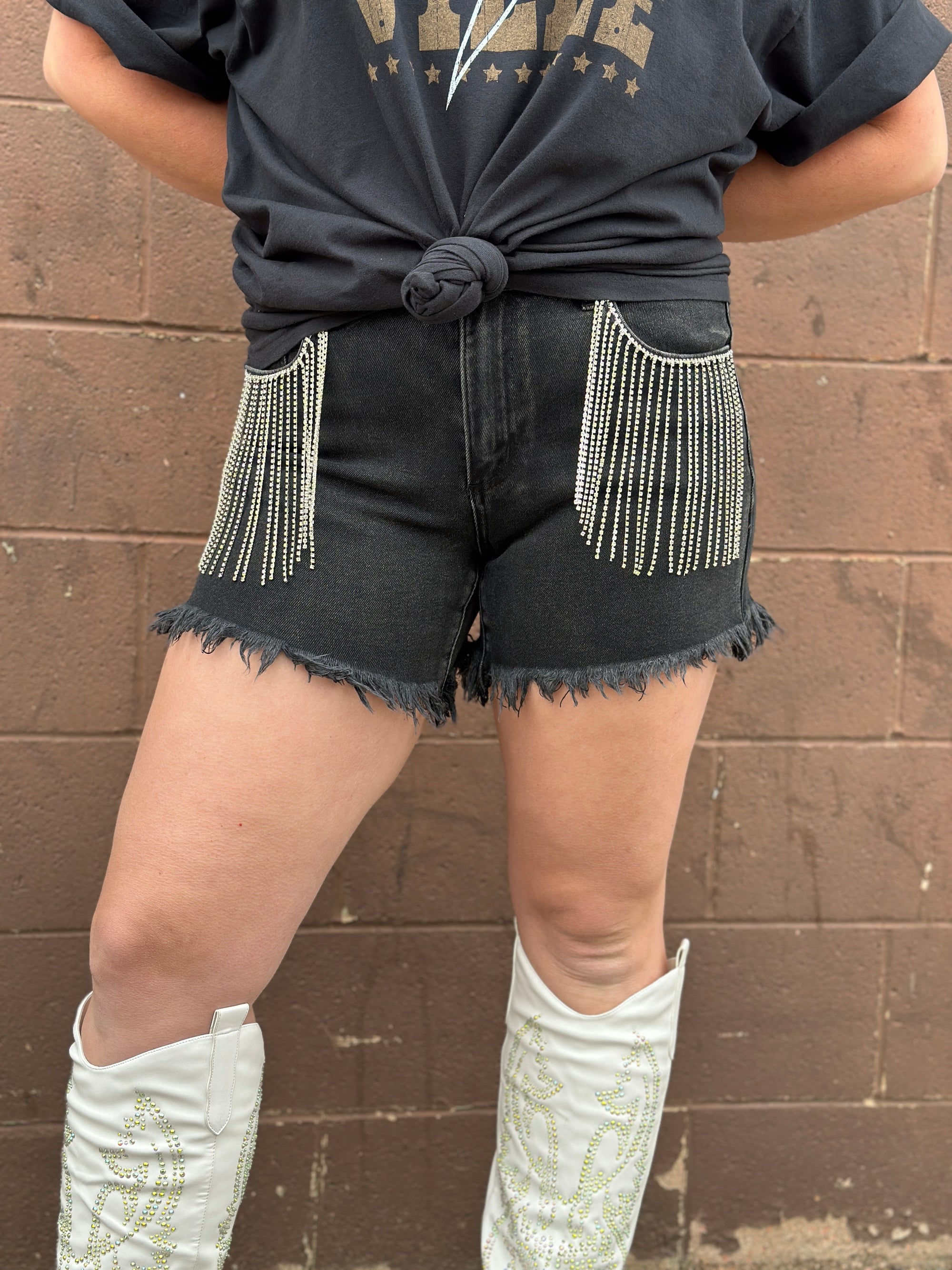 Black Rhinestone Fringe Shorts (Small - 3X)