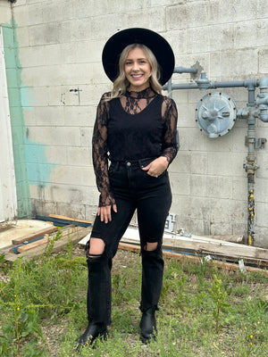 Moch Neck Sheer Lace Top - Black (Small - 3X)