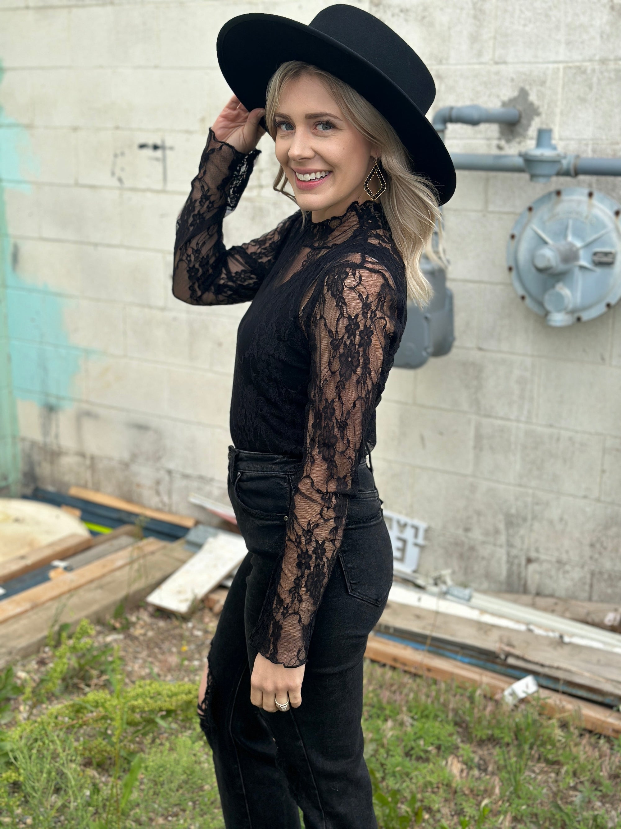 Moch Neck Sheer Lace Top - Black (Small - 3X)