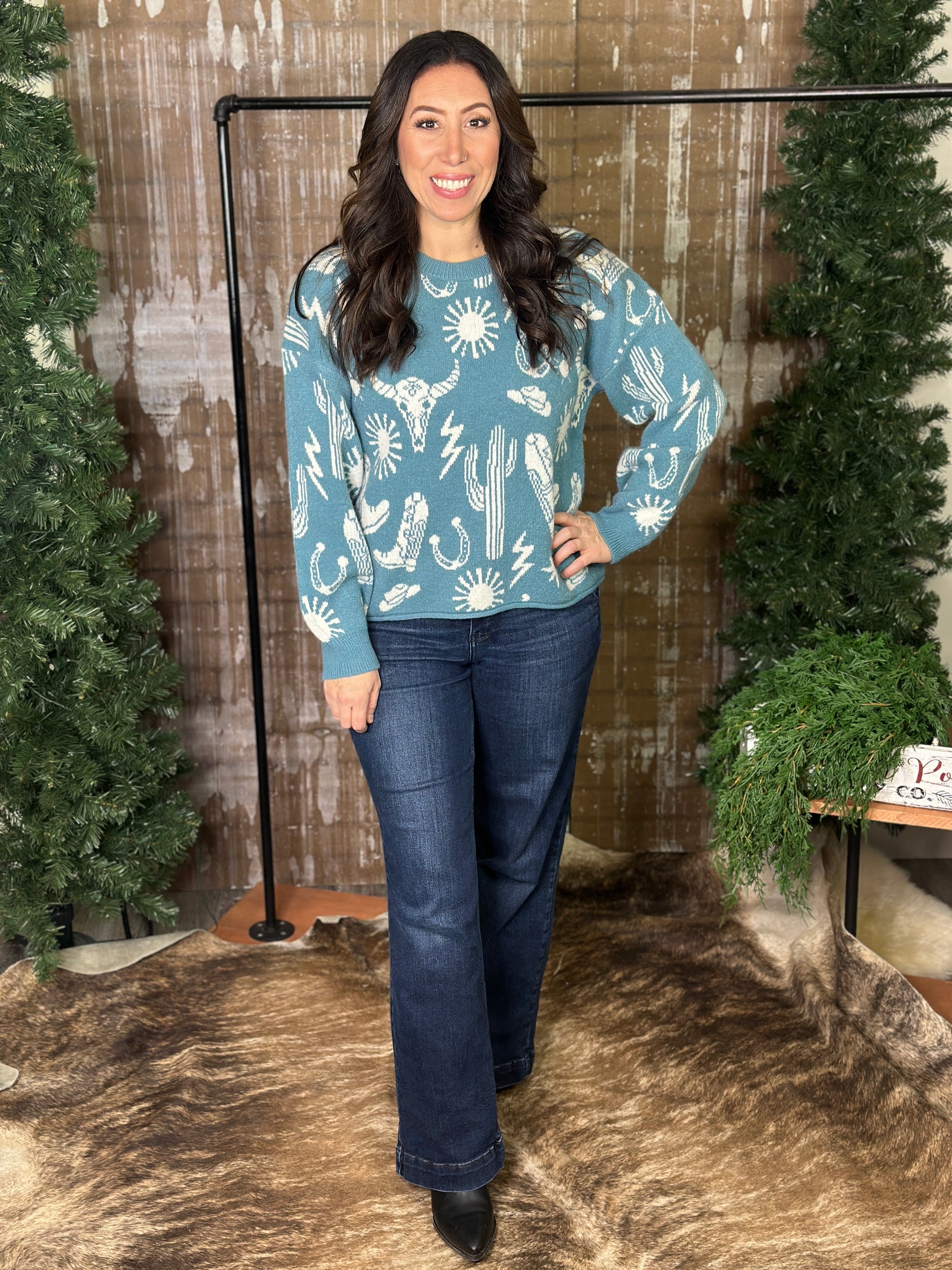 Frontier Flair Sweater - Teal  (Small - 3X)