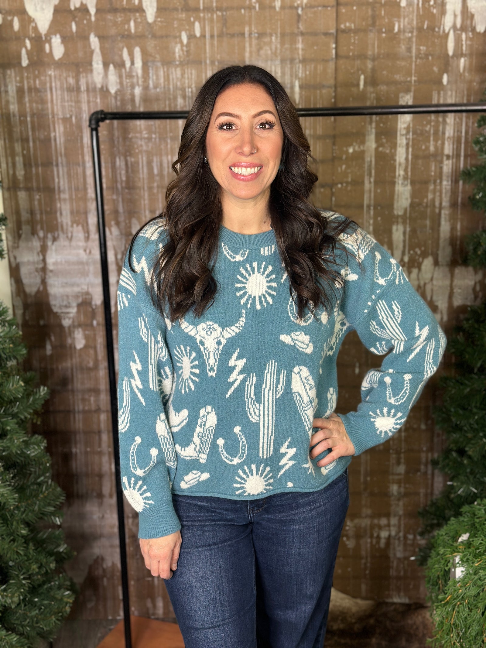Frontier Flair Sweater - Teal  (Small - 3X)