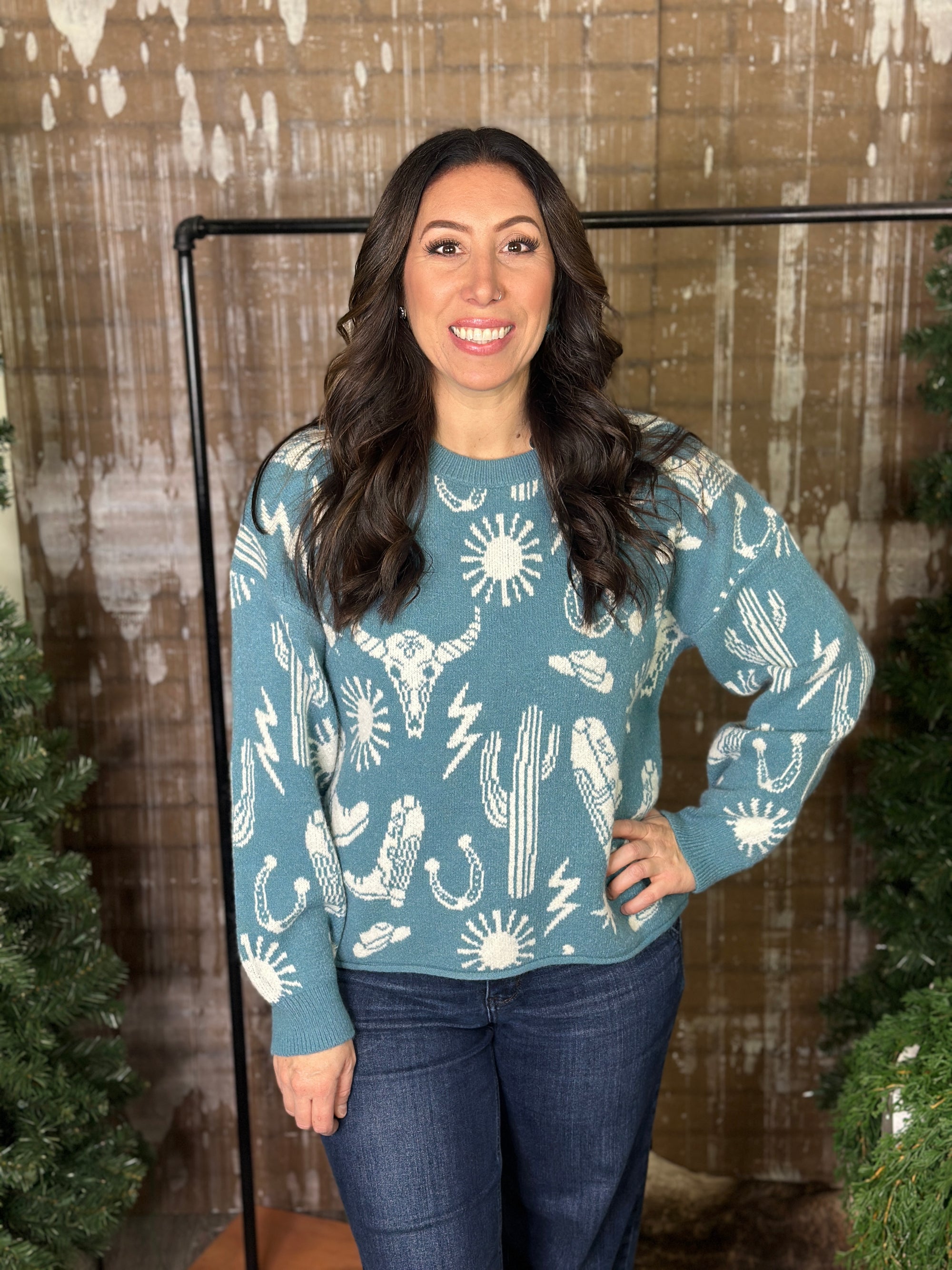 Frontier Flair Sweater - Teal  (Small - 3X)