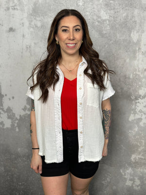 White Gauze Button Up Tee