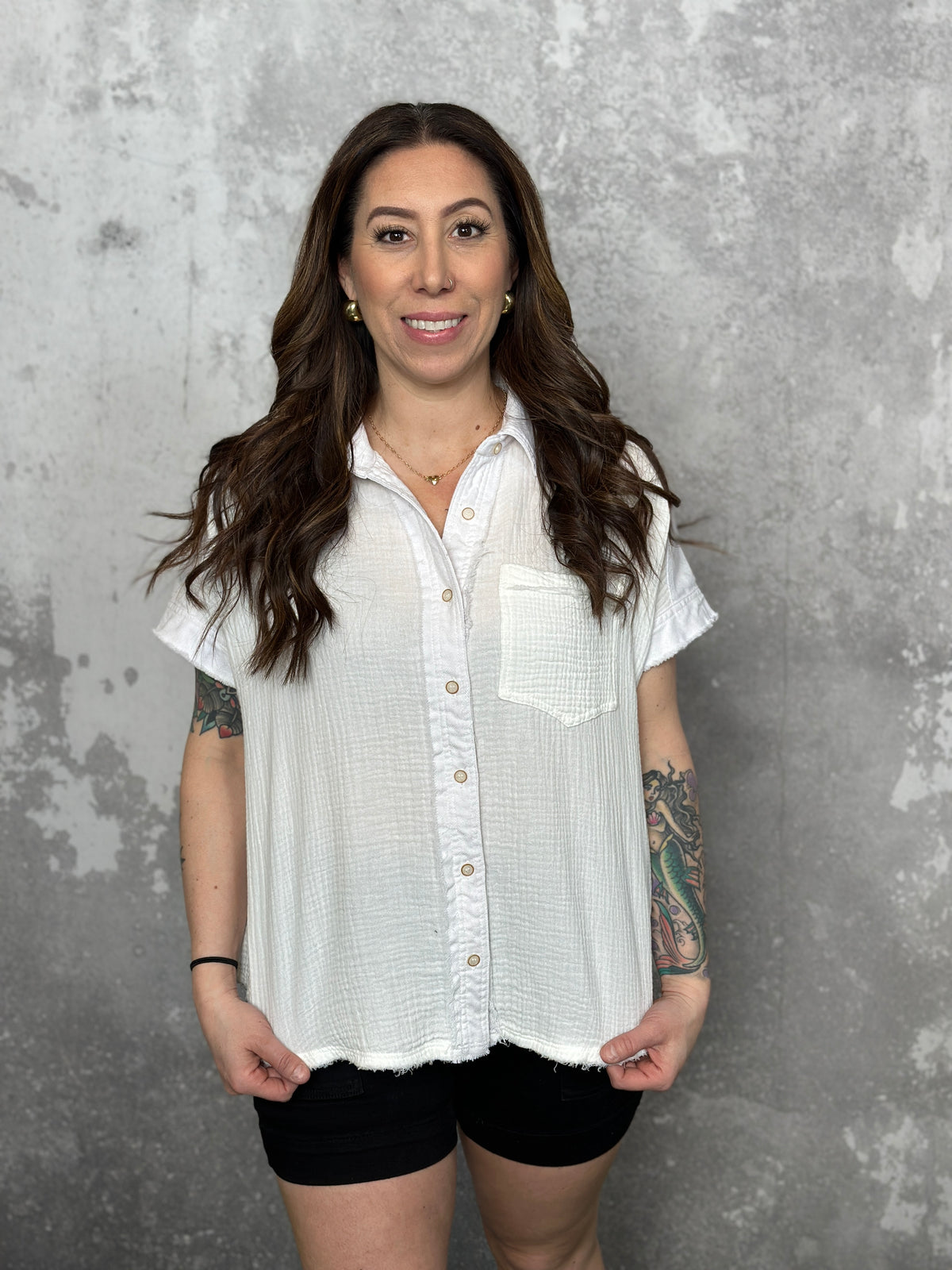 White Gauze Button Up Tee