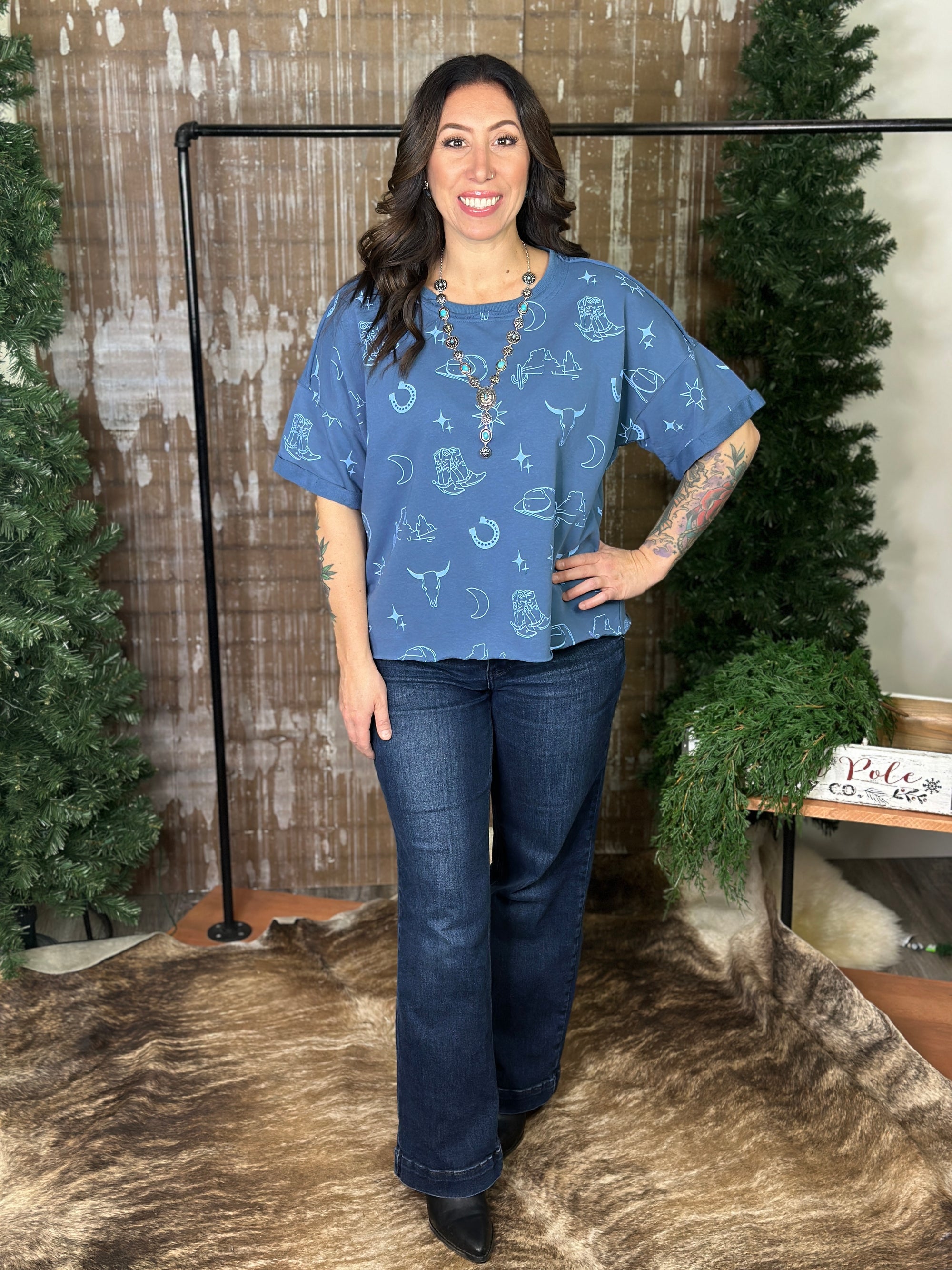 Western Graphic Style Sweatshirt Top - Blue (Small - 3X)