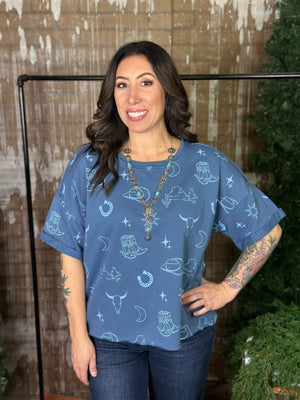 Western Graphic Style Sweatshirt Top - Blue (Small - 3X)