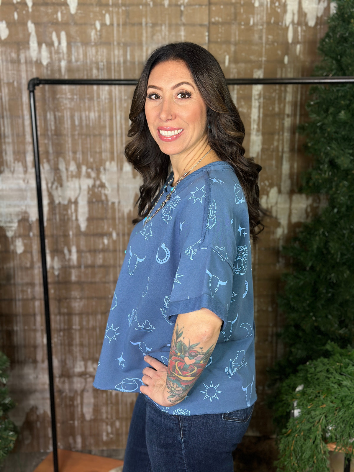 Western Graphic Style Sweatshirt Top - Blue (Small - 3X)