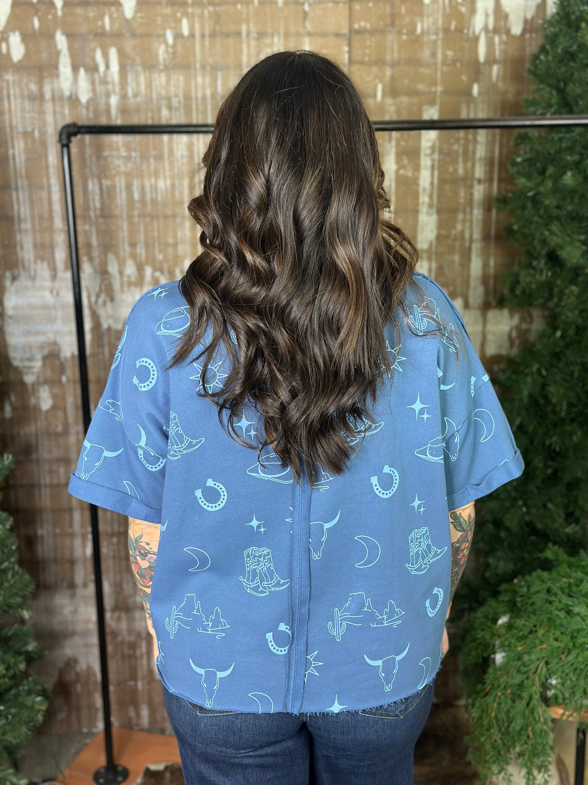 Western Graphic Style Sweatshirt Top - Blue (Small - 3X)