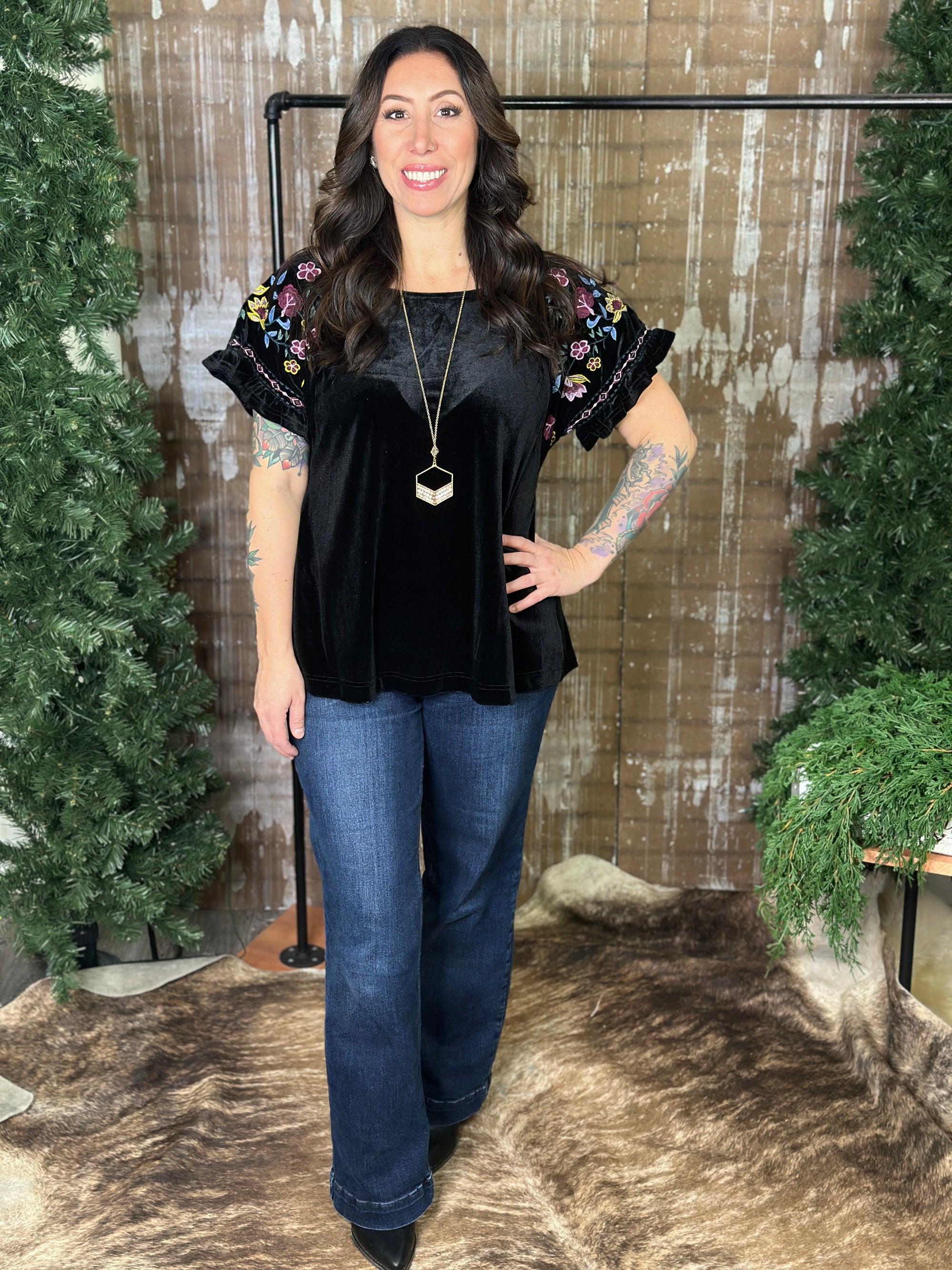 Velvet Top with Embroidered Sleeves - Black