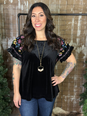 Velvet Top with Embroidered Sleeves - Black