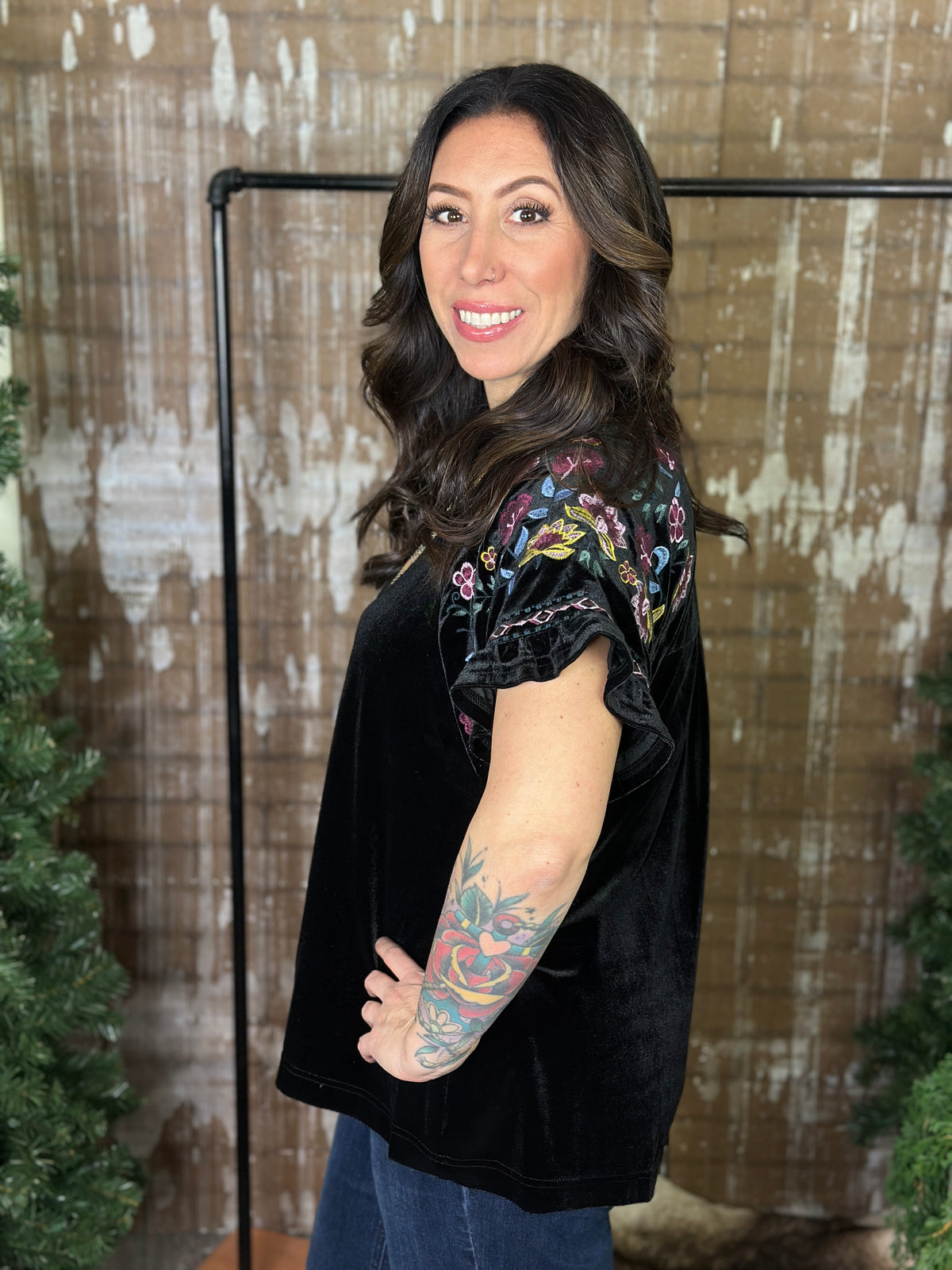 Velvet Top with Embroidered Sleeves - Black