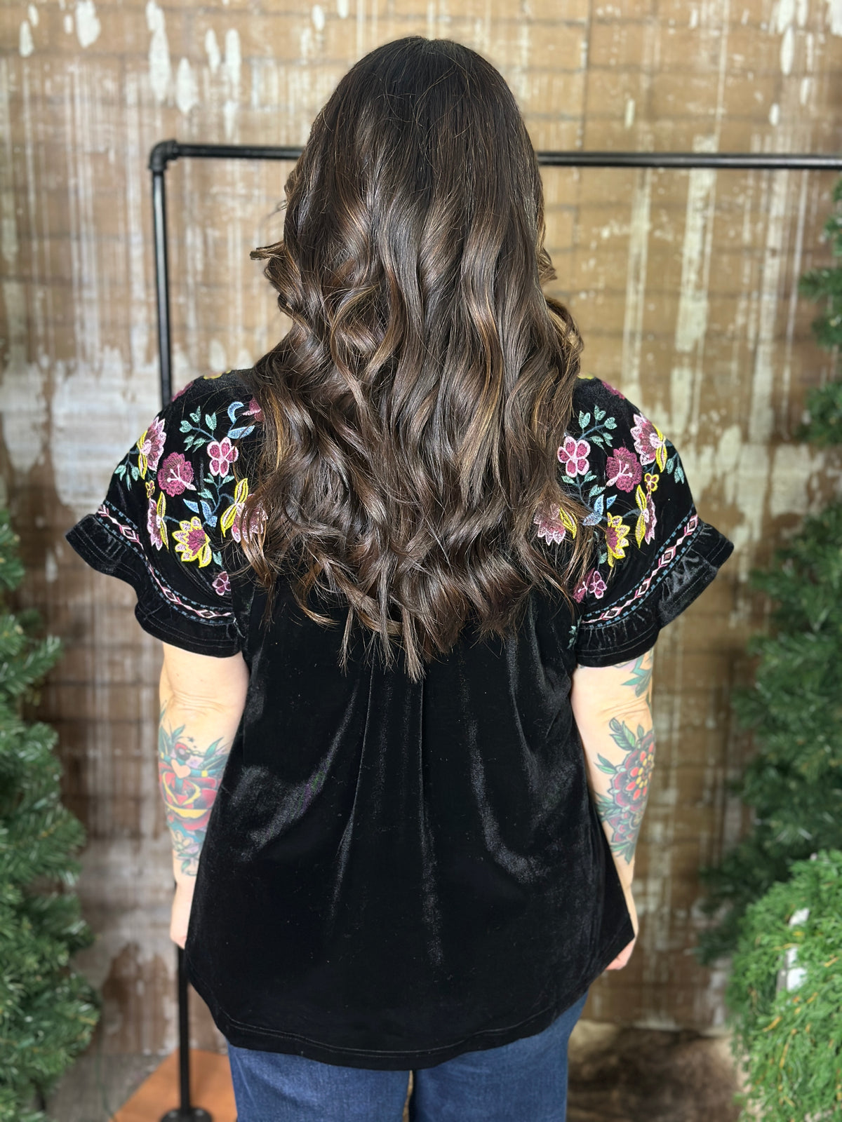 Velvet Top with Embroidered Sleeves - Black