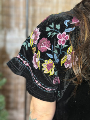 Velvet Top with Embroidered Sleeves - Black