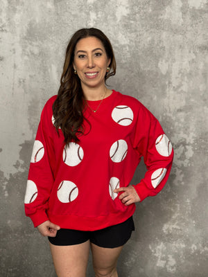 Sequin Baseball Sweatshirt - Red