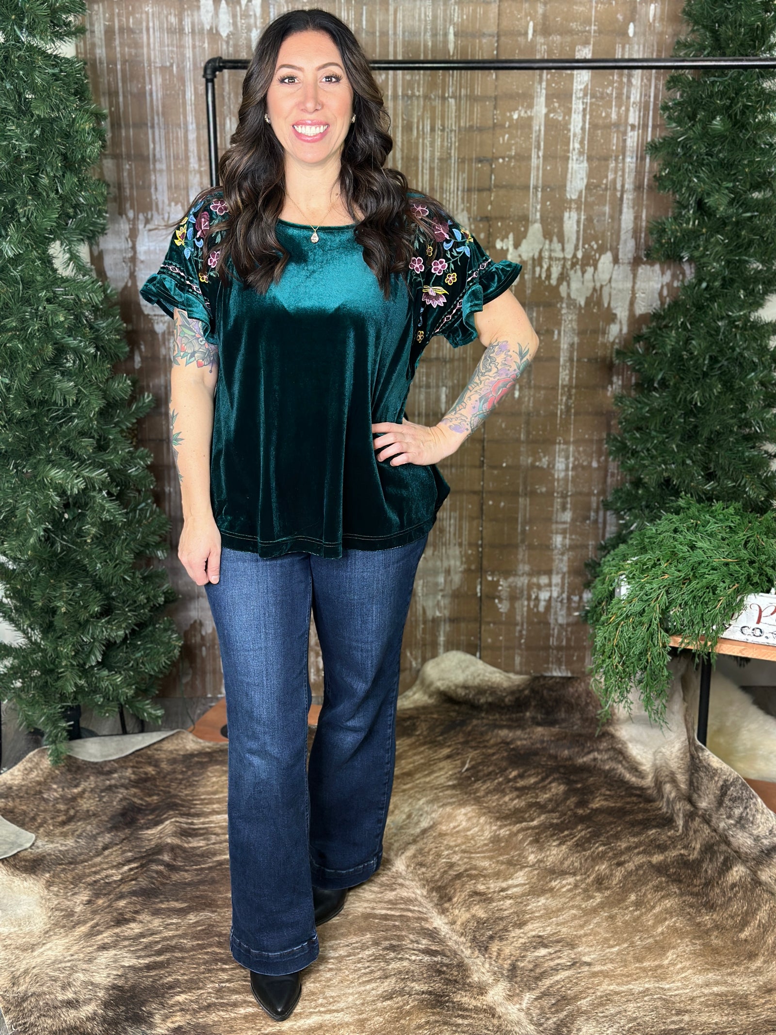 Velvet Top with Embroidered Sleeves - Green