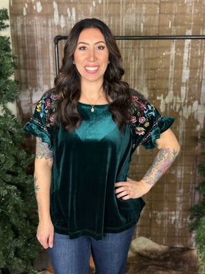 Velvet Top with Embroidered Sleeves - Green