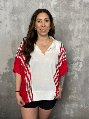 Red and White Stripe Collared Top