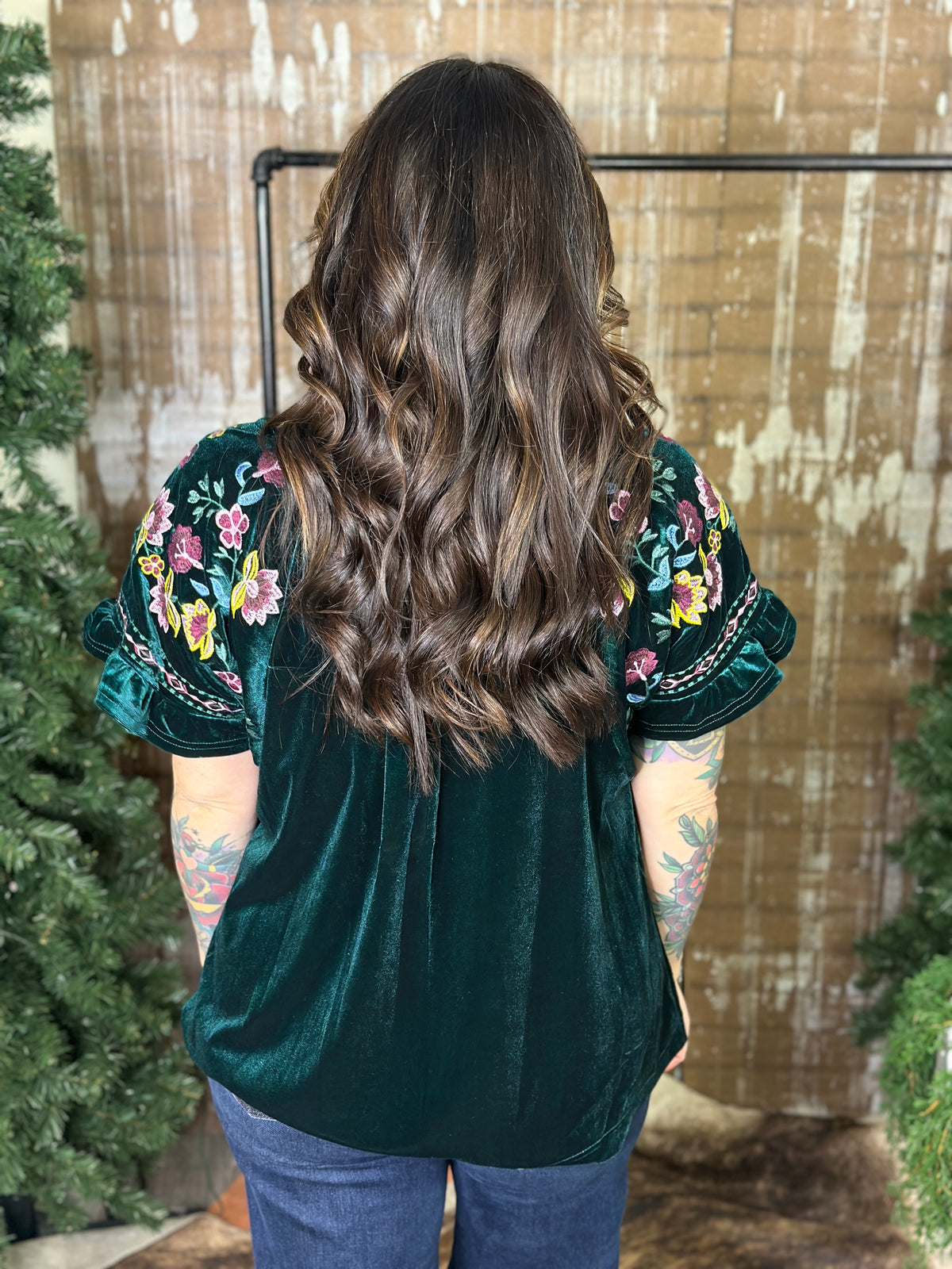 Velvet Top with Embroidered Sleeves - Green